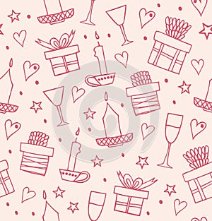 Rose light seamless pattern with gifts, candles, goblets. Endless decorative romantic background with boxes of presents