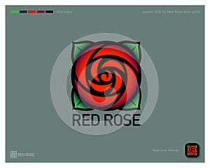 Rose logo as colored glass, stained glass. Red rose and green leaves. Identity, app icon.