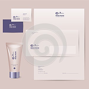 Rose logo. Cosmetics brand corporate identity. Business cards, letterhead, envelope and mock up branded product.