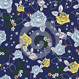 Rose morden flower leaf allover navy background design