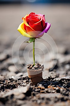 A rose with multi-colored petals grew on the empty land. Generative AI