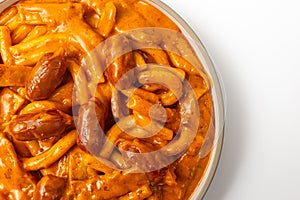 Rose noodle tteokbokki on white background