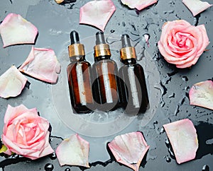 rose oil bottles and rose flowers on a black wet background