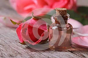 Rose oil in a glass bottle and pink flowers close up