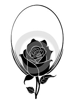 Rose in oval frame stylized as a logo. Also good for tattoo. Editable vector monochrome image with high details isolated on white