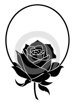 Rose in oval frame stylized as a logo. Also good for tattoo. Editable vector monochrome image with high details isolated on white