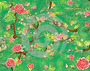 Rose pattern with green background.Art Generative AI illustration