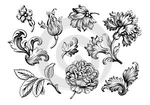 Rose peony flower vintage Baroque Victorian frame border floral ornament scroll engraved retro pattern tattoo filigree vector set photo