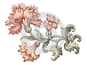 Rose peony carnation flower vintage pink Baroque Victorian floral ornament frame border golden leaf scroll red pattern tattoo vect