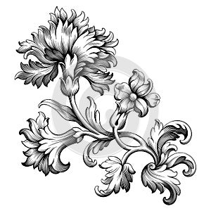 Rose peony flower vintage Baroque Victorian frame border floral ornament scroll engraved retro pattern tattoo filigree vector