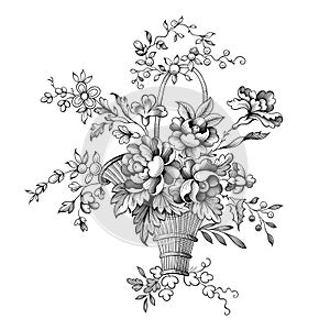Rose peony flowers bouquet Baroque Victorian vintage botanical engraved floral vector ornament frame border scroll tattoo illustra