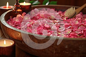 Rose-petal-filled Tub, Candles, and Aromatic Essential Oils