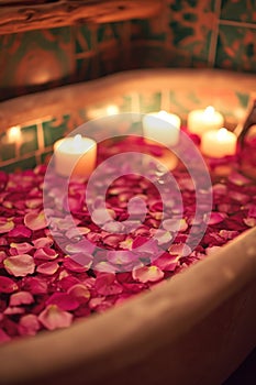 Rose-petal-filled Tub, Candles, and Aromatic Essential Oils