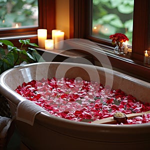 Rose-petal-filled Tub, Candles, and Aromatic Essential Oils
