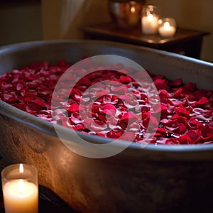 Rose-petal-filled Tub, Candles, and Aromatic Essential Oils