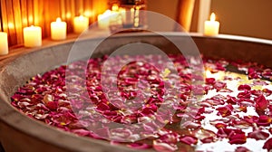 Rose-petal-filled Tub, Candles, and Aromatic Essential Oils