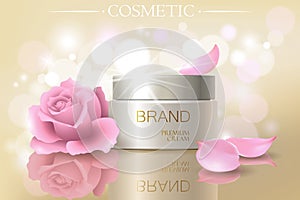 Rose petal flower extract cosmetic ads template, realistic 3D illustration skincare moisturizing mockup elegant glow