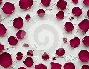 Rose petal flowers with copy space on white background