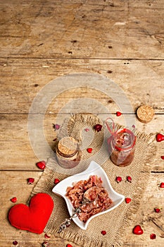 Rose petal jam with romantic decoration