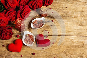 Rose petal jam with romantic decoration