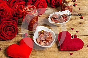 Rose petal jam with romantic decoration