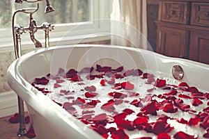 Rose petals in bathtub with foam. Bathroom interior. photo