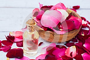 Rose petals and essential oil. Spa aromatherapy