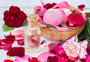 Rose petals and essential oil. Spa aromatherapy