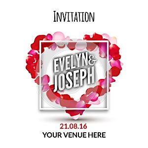 Rose petals heart Beautiful wedding invitation vector illustration. Love wedding concept frame