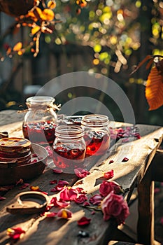 Rose petals jam in a jar. Selective focus.