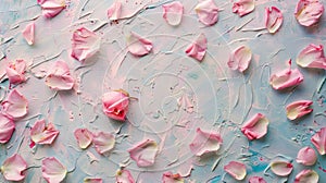 Rose petals scattered on the painted surface. Flatlay. Insertion space