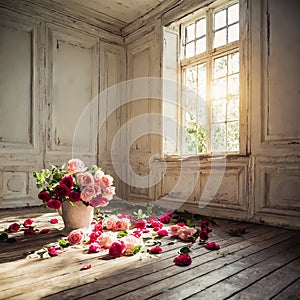 rose petals spread on the wooden floor with a classic room