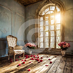 rose petals spread on the wooden floor with a classic room