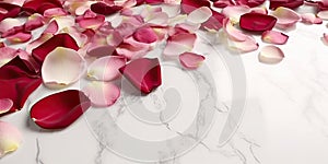 Rose petals on white marble background banner with copy space,