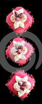 Rose pink bouquet desserts with cream and dried edible flowers top view