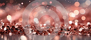 Rose pink glitter with gold sparkles background defocused abstract christmas lights