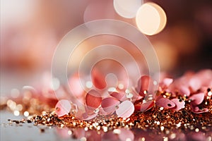 Rose pink glitter with gold sparkles bokeh background defocused abstract christmas lights backdrop