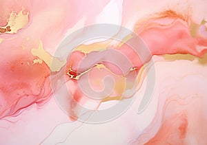 Rose pink liquid watercolor background with golden dots. Dusty blush marble alcohol ink drawing effect