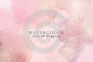 Rose pink liquid watercolor background with golden dots. Dusty blush marble alcohol ink drawing effect. Vector