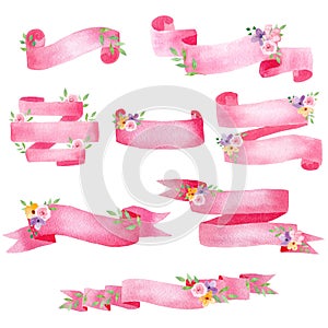 Rose pink ribbons with flowers raster illustrations set