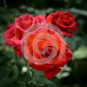 Rose plant with bright red flowers with water drops on petals