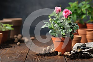 Rose in a pot, flower pots, soil, expanded clay, garden pruner on background photo