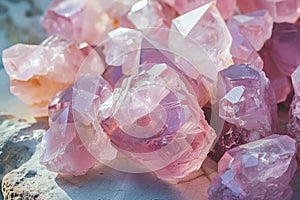 rose quartz crystals close up in daylight. pink healing mineral geode texture, esoteric concept, witchcraft gem for