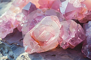 rose quartz crystals close up in daylight. pink healing mineral geode texture, esoteric concept, witchcraft gem for