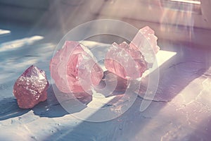 rose quartz crystals close up in daylight. pink healing mineral geode texture, esoteric concept, witchcraft gem for