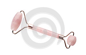 Rose quartz face roller on white background, top view