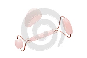 Rose quartz facial roller and massage stone gua sha isolated on white background, flat lay