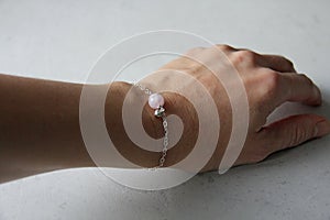 Rose quartz heart bracelet. Bracelet made of stones on hand from natural stone Rose quartz. Bracelet made of natural stones.