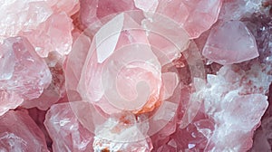 Rose quartz rough crystals, beautiful pink gemstone close-up luxury background. Concepts of spirituality and healing
