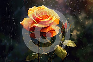 A rose in the rain, a rose bud in drops in nature. generative ai